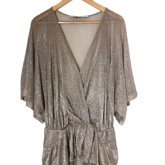 IRO Sheer Gold Wide Dress Mini Shimmering Tiered V-neck US 6 - Picture 4 of 12